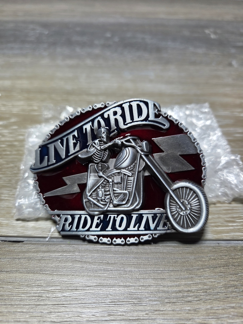 Live to Ride Ride to Live Skeleton Motorcycle Belt Buckle Red Silver